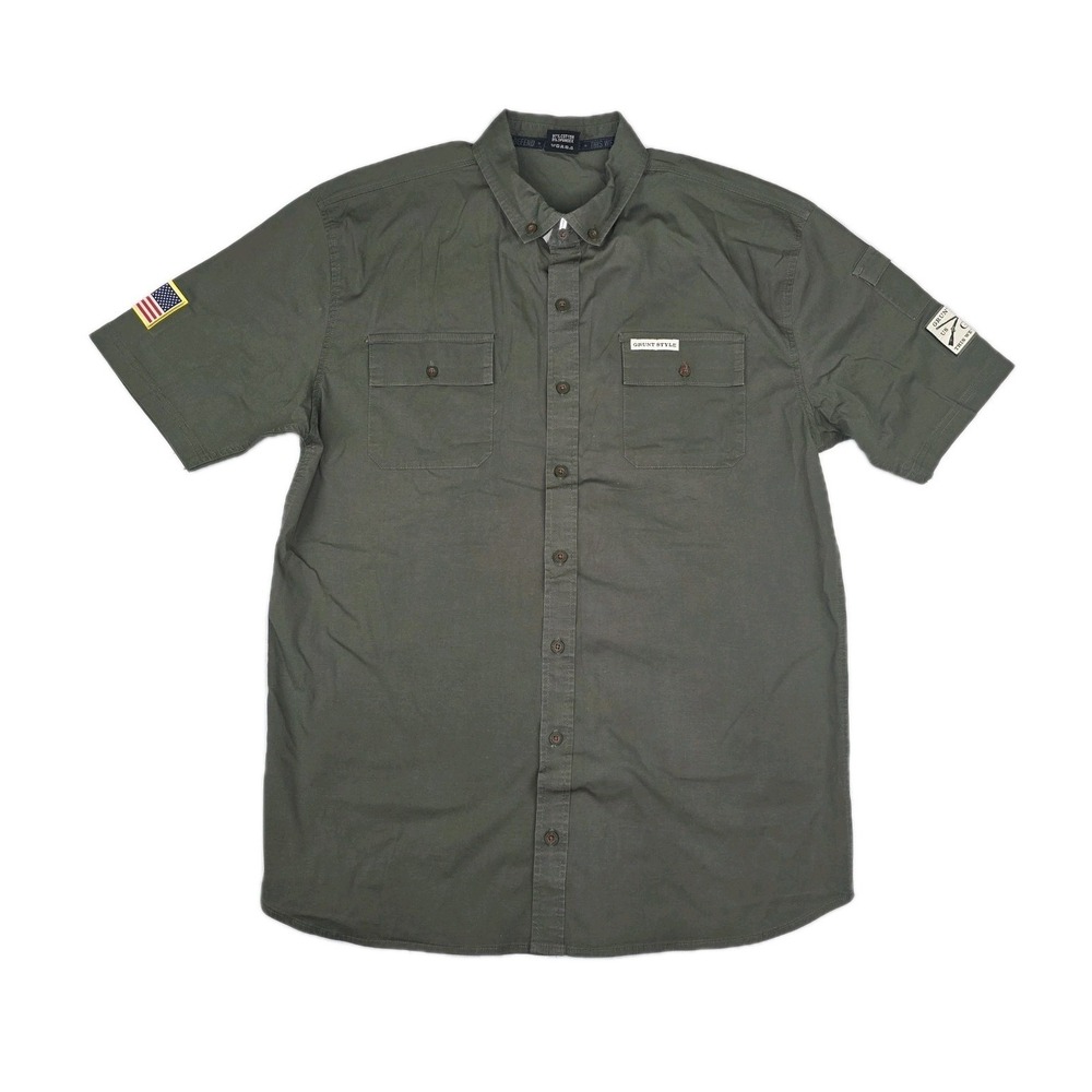 Grunt Style Garage Button Down Shirt Olive Military Green Short Sleeve Large New